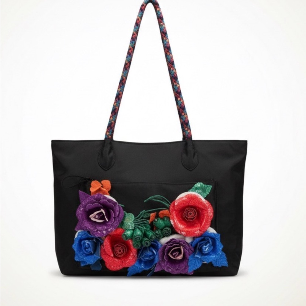 Dan W Black Nylon and Leather Floral Oversized Tote 1990's Statem Bag Vintage